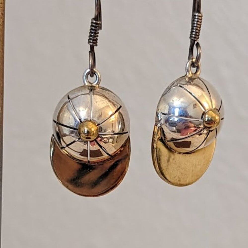 Two Tone Metal Dangling Baseball/Jockey Cap Earrings - Picture 3 of 6
